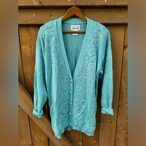 Vintage 80s Cardigan Turquoise Beaded Sweater Cozy Blue Winter Sparkle Holiday❄️